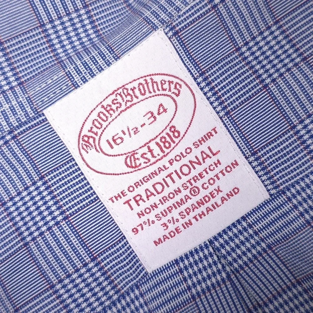 BROOKS BROTHERS Est.1818 Blue Plaid‎ Dress Shirt Supima Cotton Non Iron 16.5 34